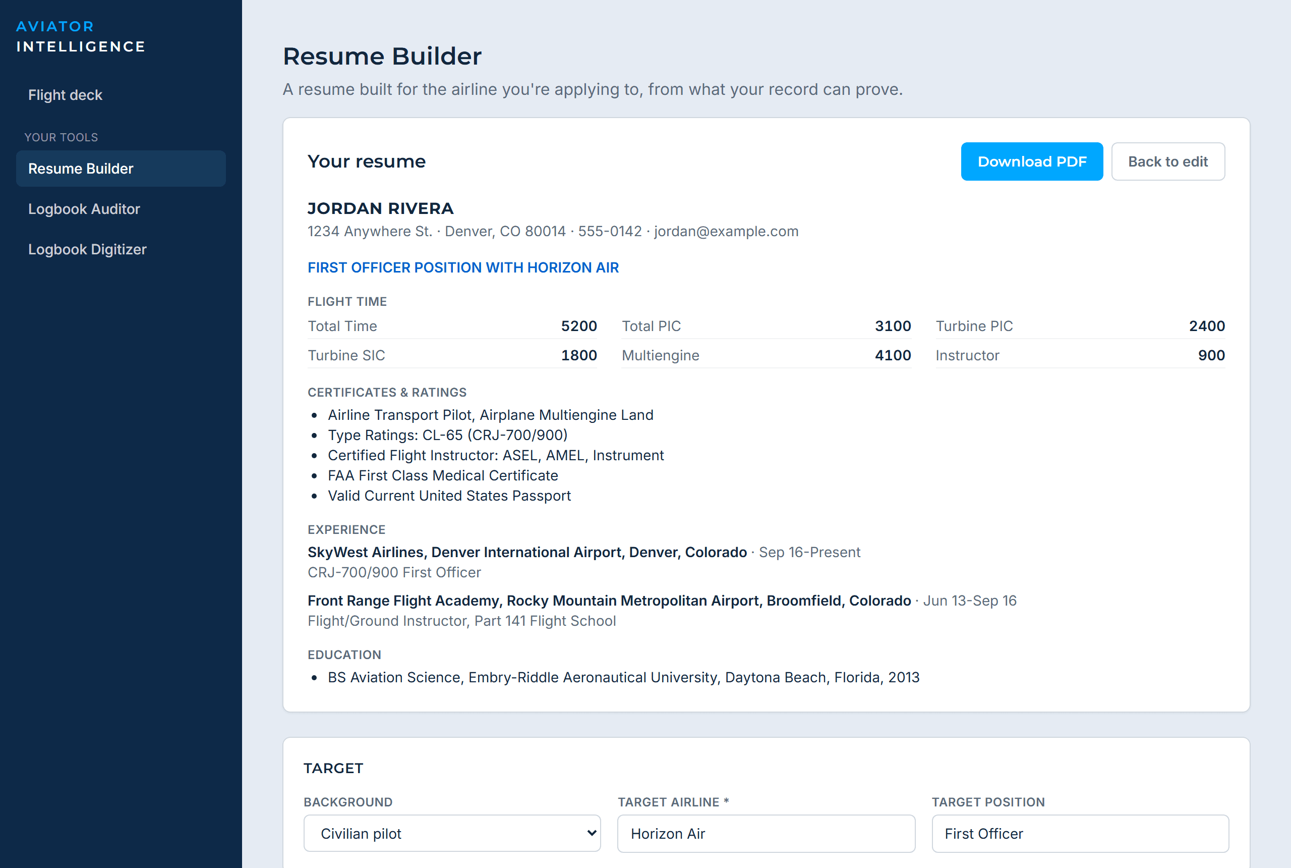 The Aviator Resume Builder, showing a generated pilot resume